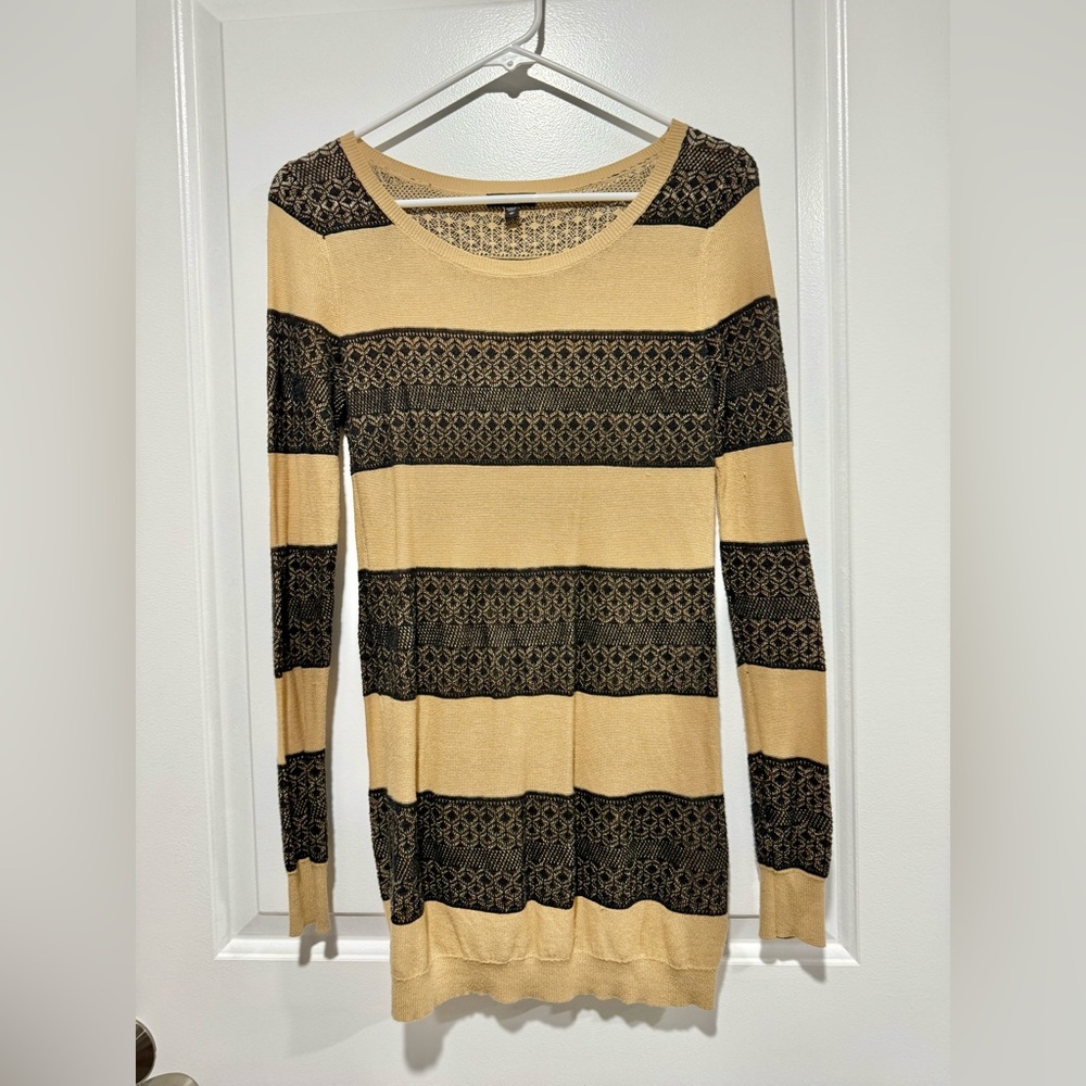 Express - Lightweight/Long sweater. Embellished with black lace throughout.